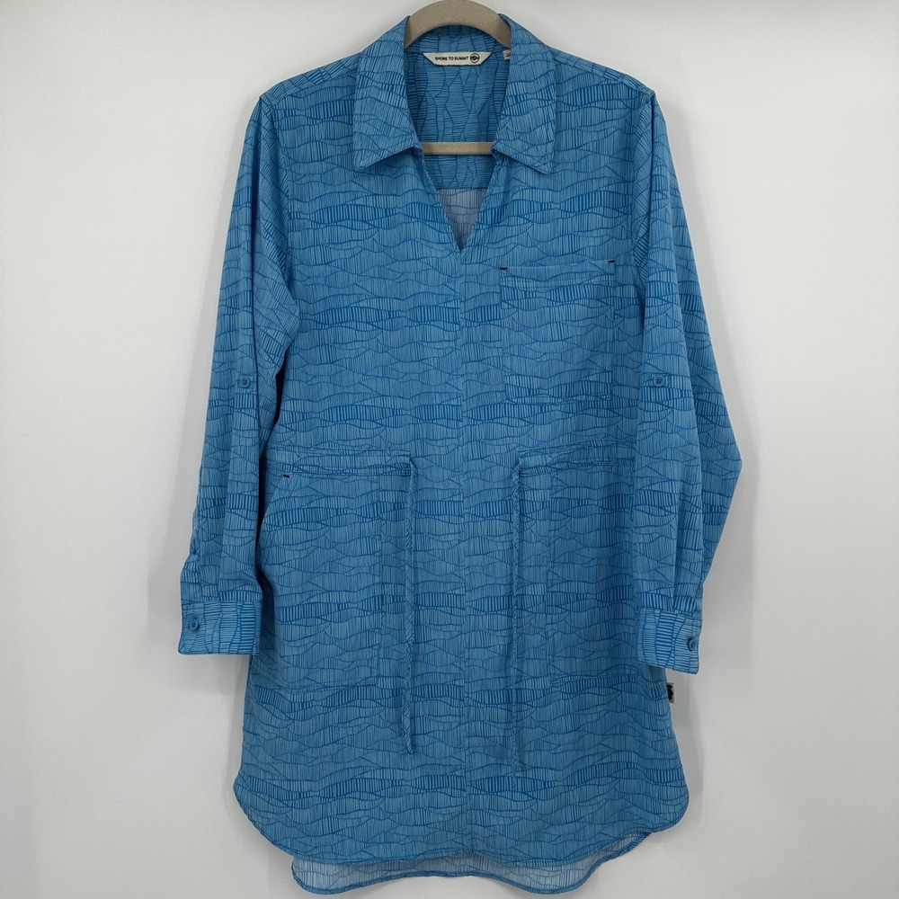 Shore To Summit Blue Geometric‎ Print Long Sleeve Tunic Shirt Dress Size L G